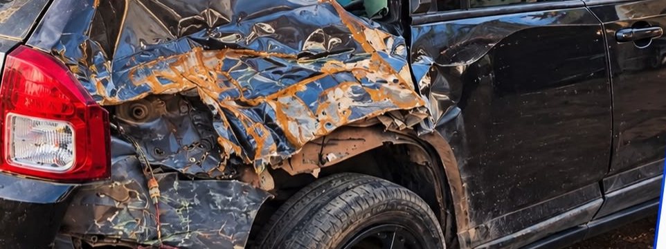 Traseira de um carro preto com a lataria amassada e rasgada depois de uma batida