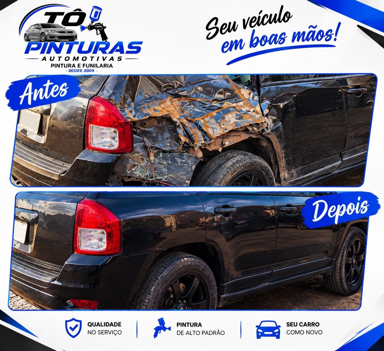 Post da Tô Pinturas com o antes e depois de uma traseira batida